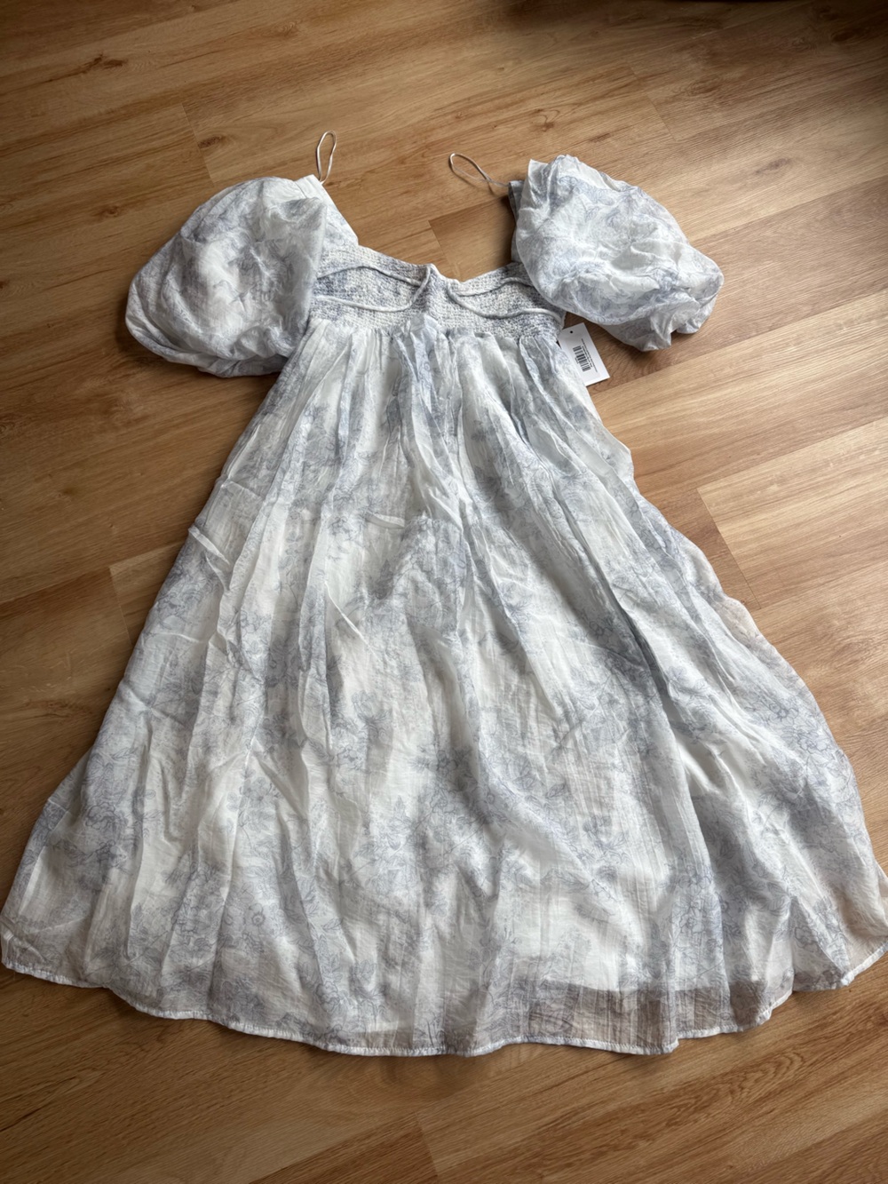 Worth Collective Floral Puff-Sleeve Midi Dress in Light Blue White Baby Shower - Picture 3 of 7
